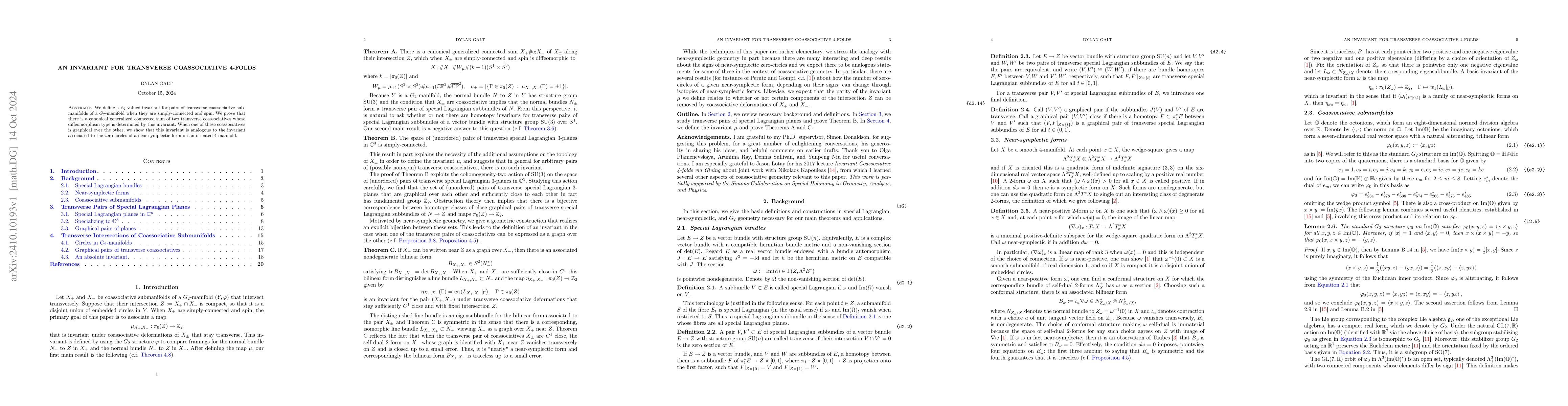 Thumbnail for An Invariant for Transverse Coassociative 4-Folds