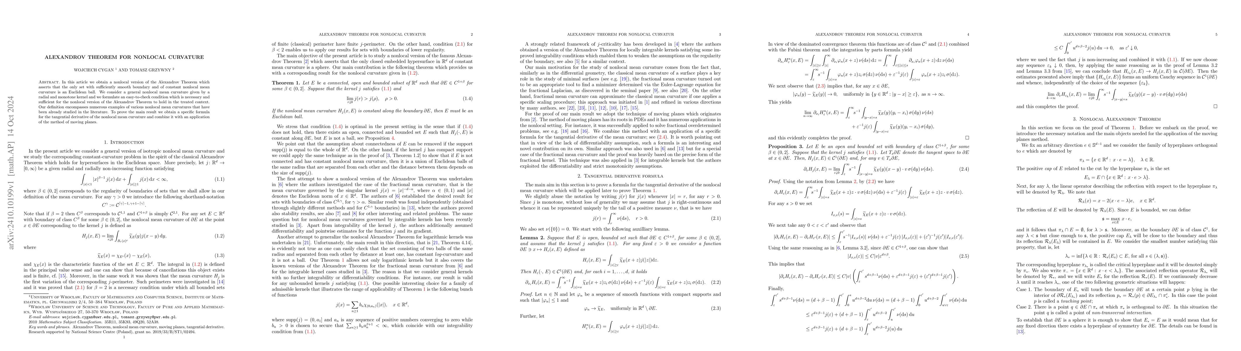 Thumbnail for Alexandrov Theorem for nonlocal curvature