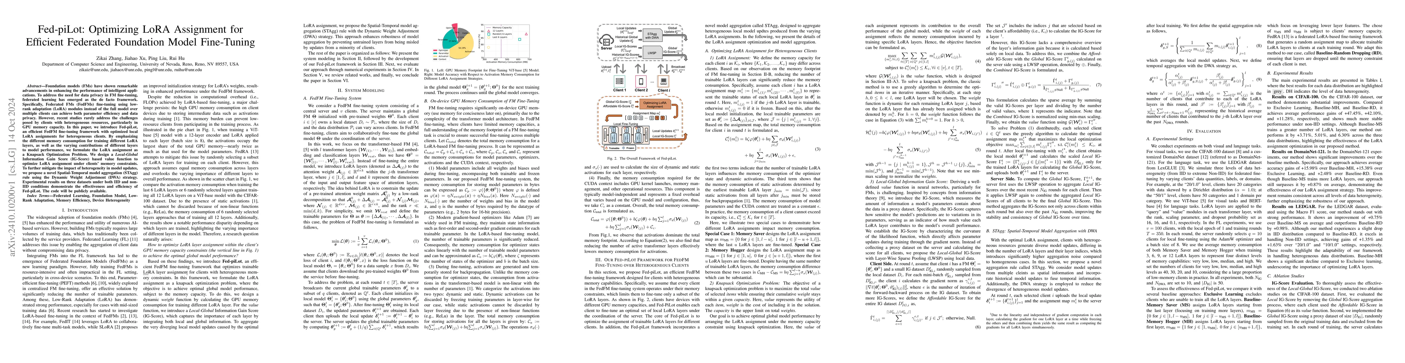 Thumbnail for Fed-piLot: Optimizing LoRA Assignment for Efficient Federated Foundation
  Model Fine-Tuning