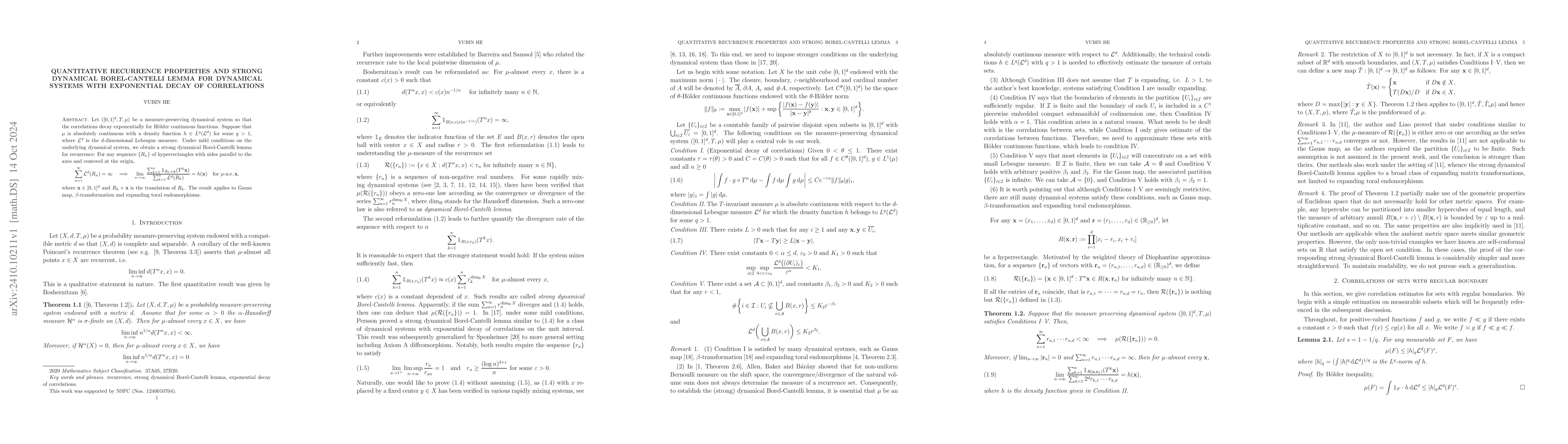 Thumbnail for Quantitative recurrence properties and strong dynamical Borel-Cantelli
  lemma for dynamical systems with exponential decay of correlations
