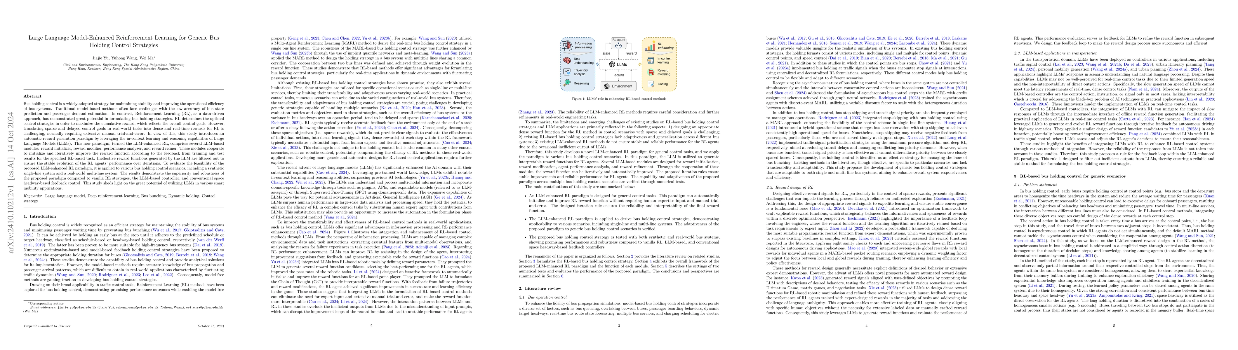 Thumbnail for Large Language Model-Enhanced Reinforcement Learning for Generic Bus
  Holding Control Strategies