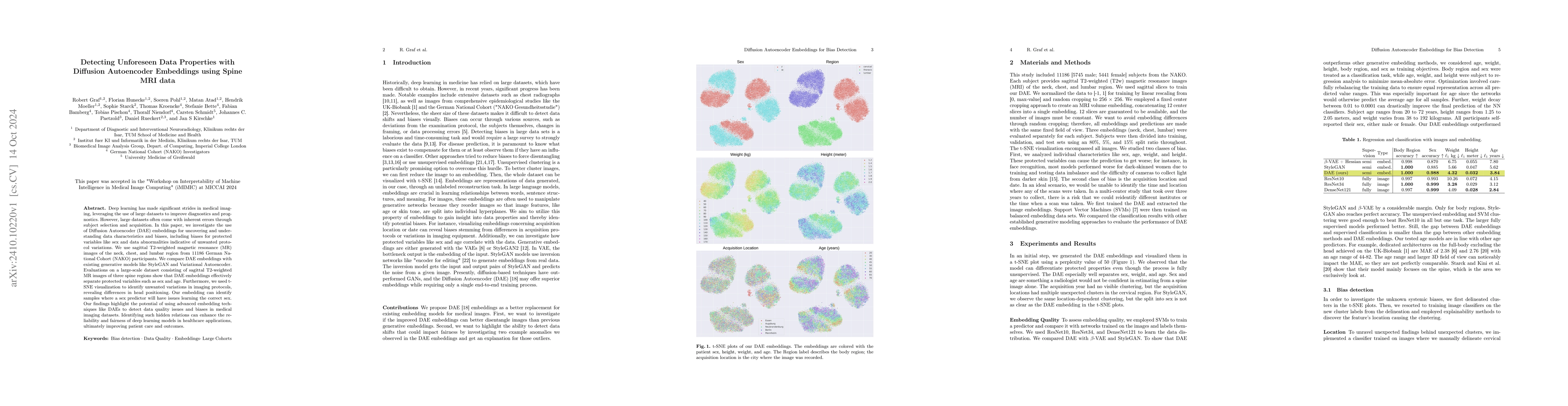 Thumbnail for Detecting Unforeseen Data Properties with Diffusion Autoencoder
  Embeddings using Spine MRI data