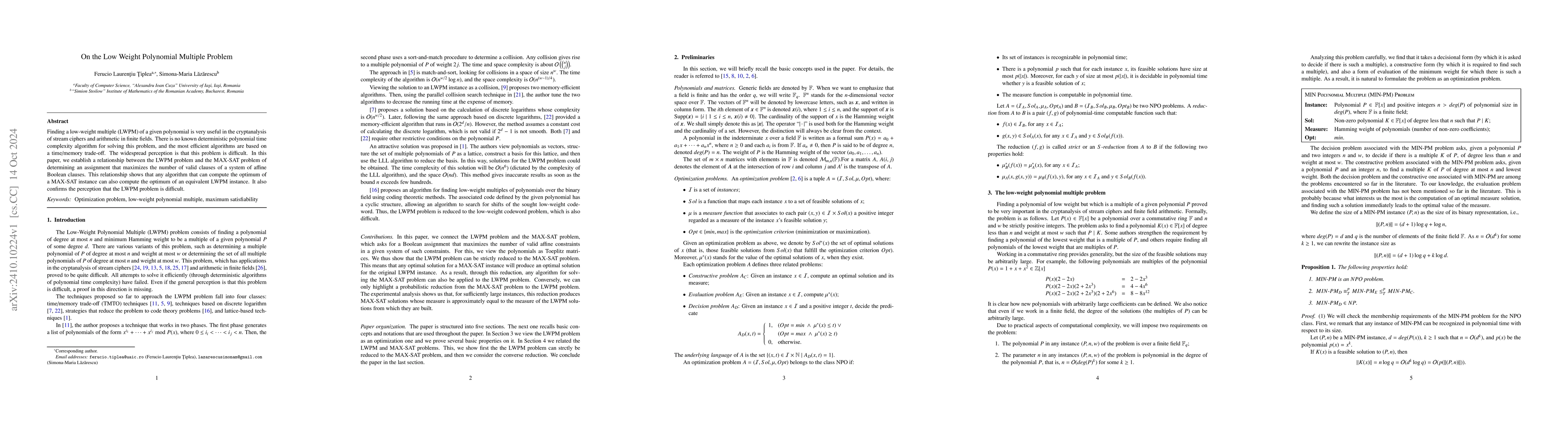 Thumbnail for On the Low Weight Polynomial Multiple Problem