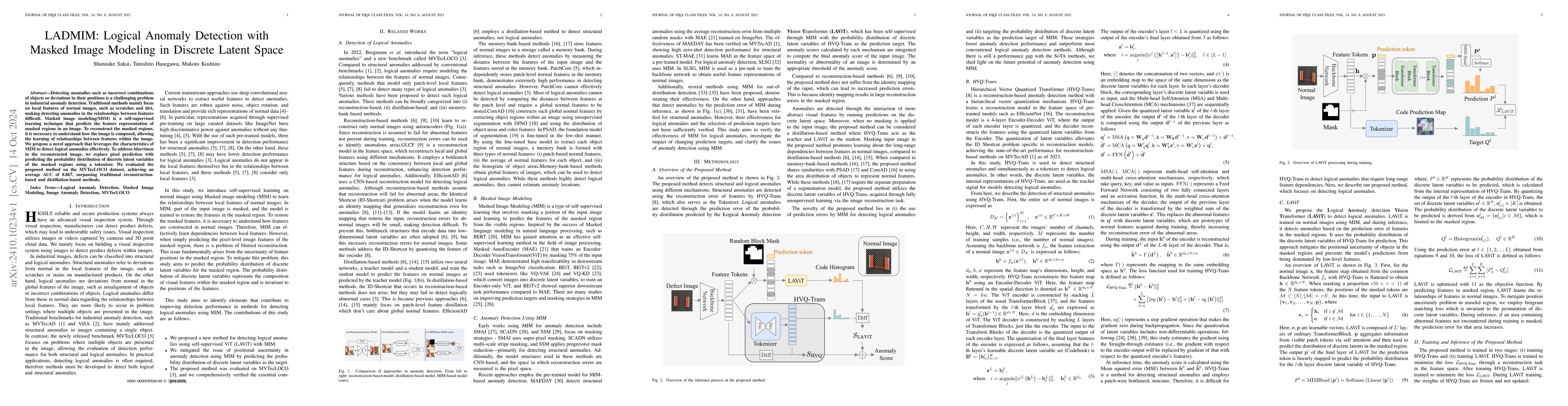 Thumbnail for LADMIM: Logical Anomaly Detection with Masked Image Modeling in Discrete
  Latent Space