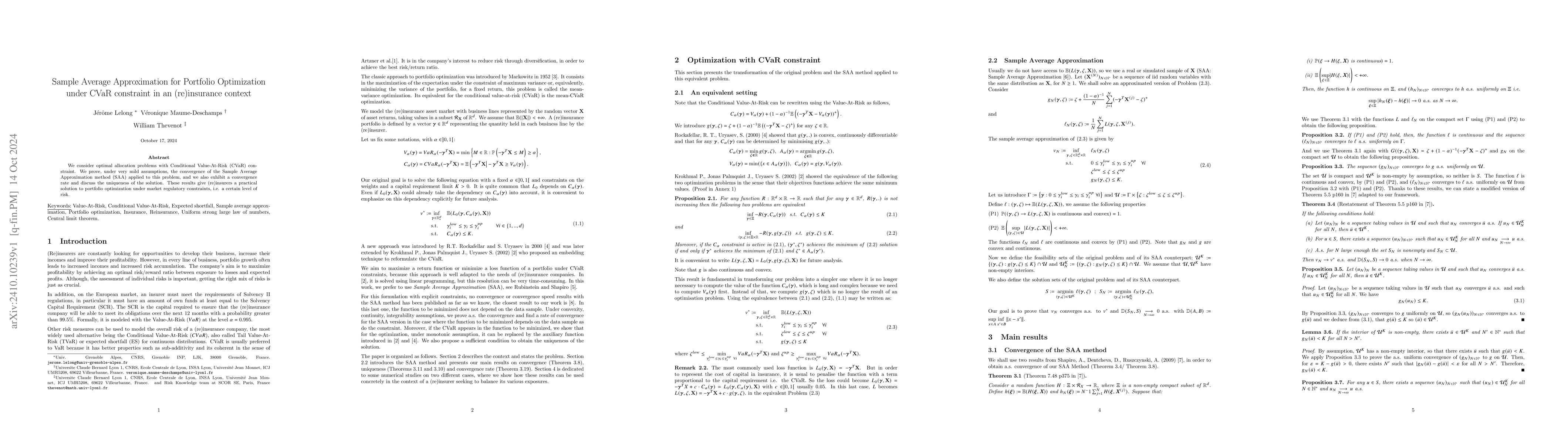 Thumbnail for Sample Average Approximation for Portfolio Optimization under CVaR
  constraint in an (re)insurance context
