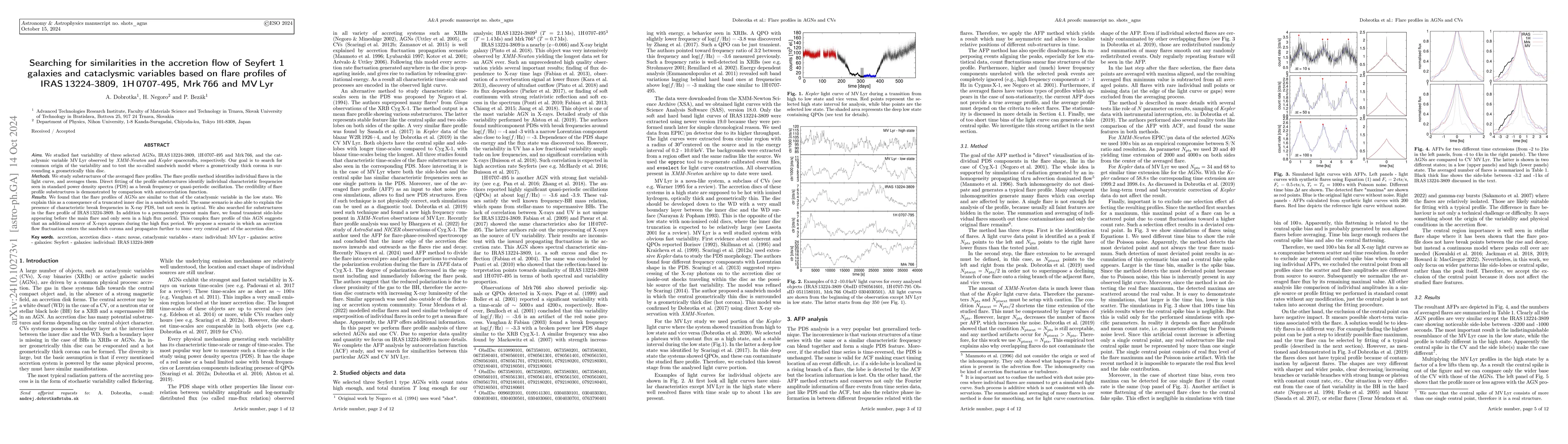 Thumbnail for Searching for similarities in the accretion flow of Seyfert 1 galaxies
  and cataclysmic variables based on flare profiles of IRAS 13224-3809, 1H
  0707-495, Mrk 766 and MV Lyr