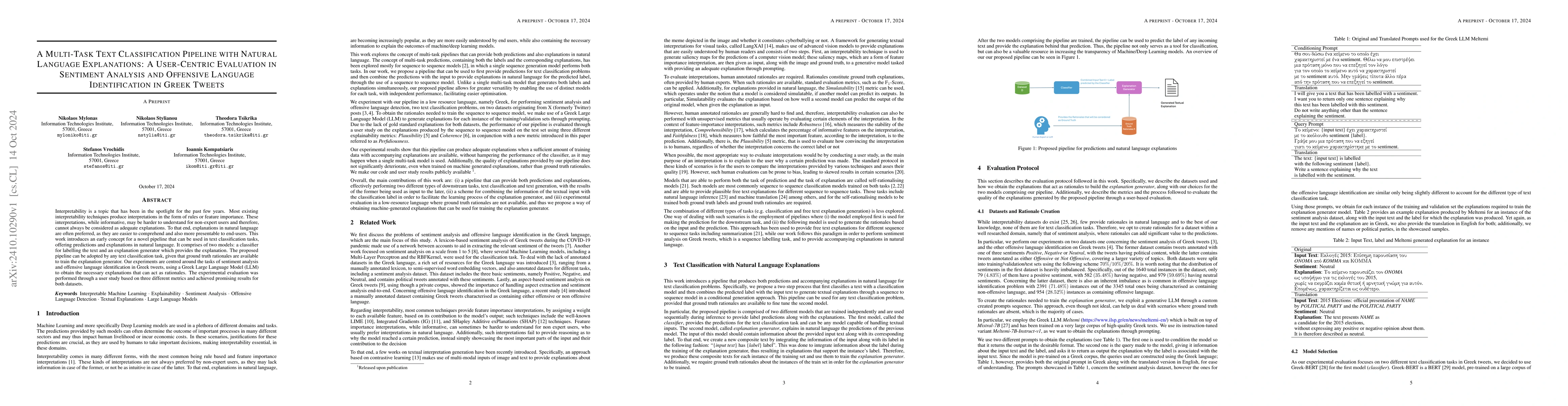 Thumbnail for A Multi-Task Text Classification Pipeline with Natural Language
  Explanations: A User-Centric Evaluation in Sentiment Analysis and Offensive
  Language Identification in Greek Tweets