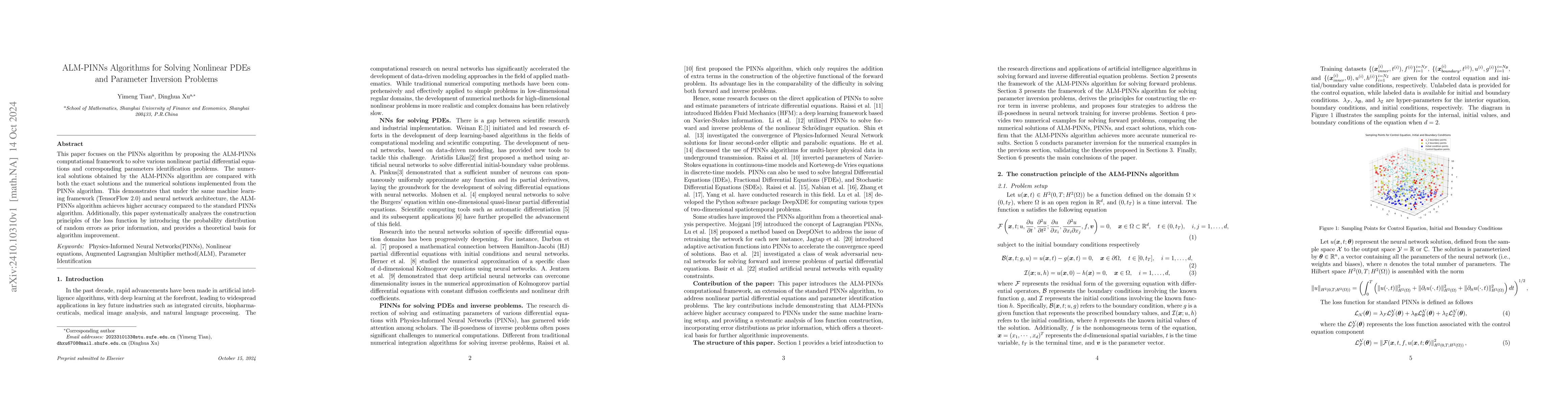 Thumbnail for ALM-PINNs Algorithms for Solving Nonlinear PDEs and Parameter Inversion
  Problems