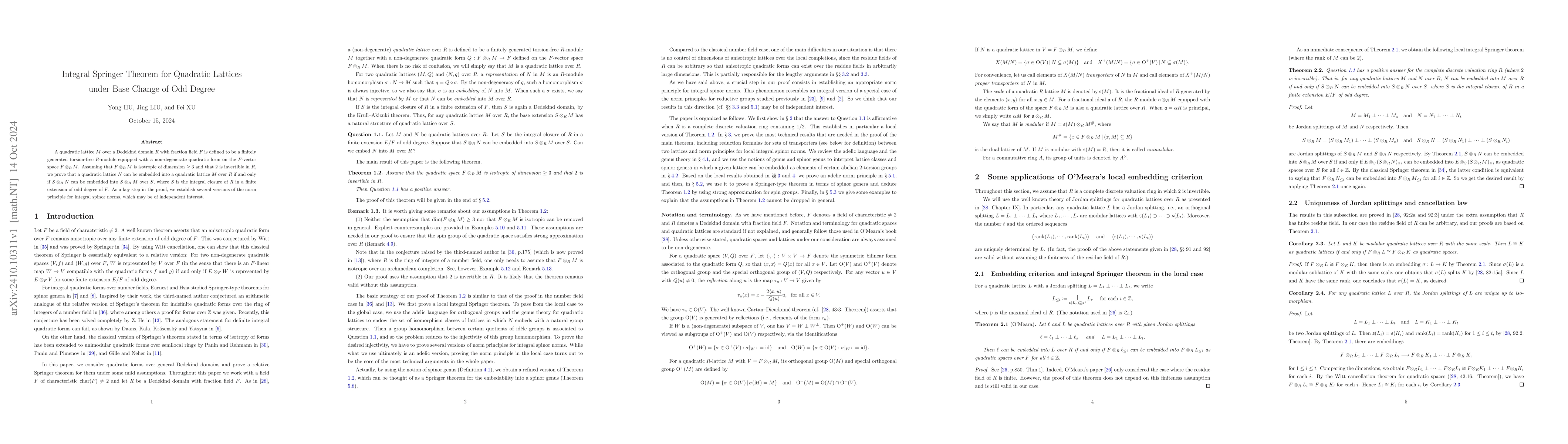 Thumbnail for Integral Springer Theorem for Quadratic Lattices under Base Change of
  Odd Degree