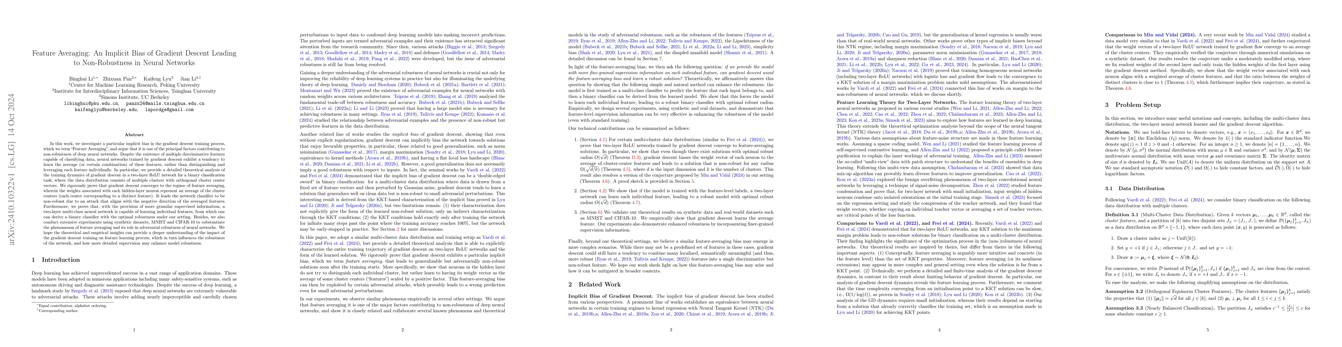Thumbnail for Feature Averaging: An Implicit Bias of Gradient Descent Leading to
  Non-Robustness in Neural Networks