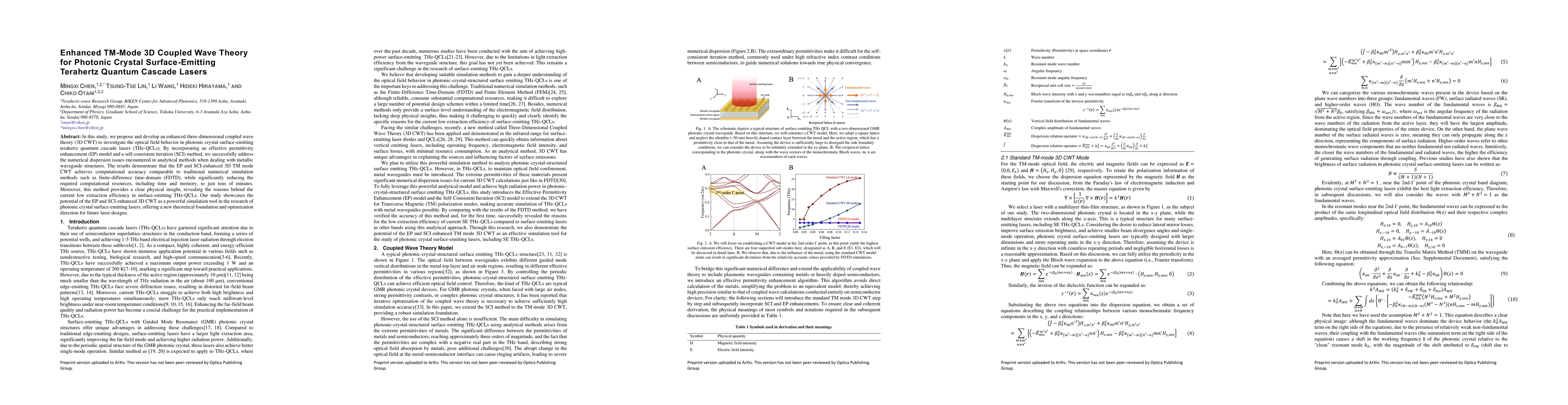 Thumbnail for Enhanced TM-Mode 3D Coupled Wave Theory for Photonic Crystal
  Surface-Emitting Terahertz Quantum Cascade Lasers