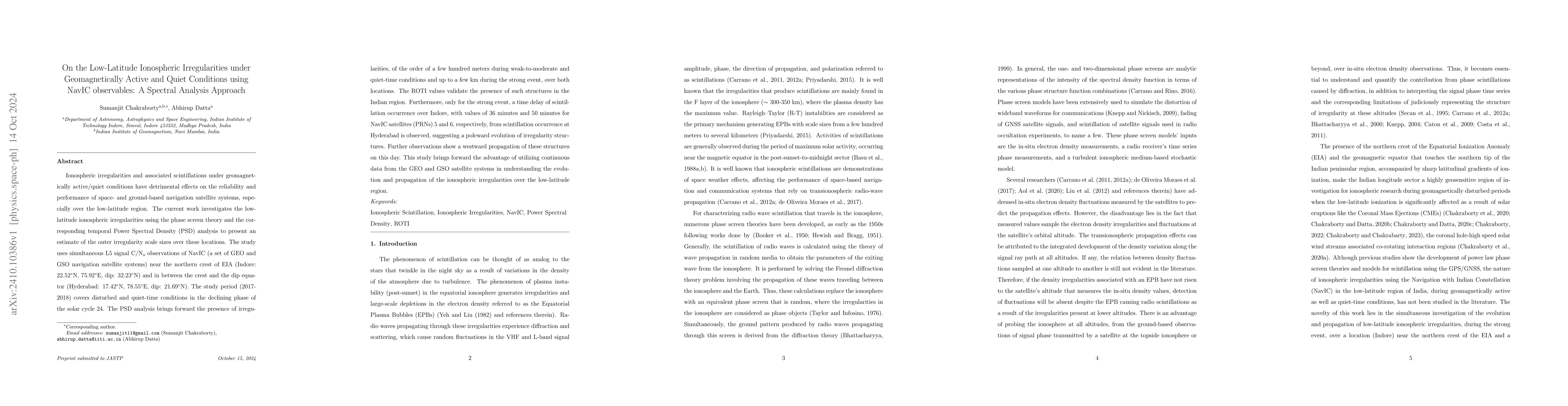 Thumbnail for On the Low-Latitude Ionospheric Irregularities under Geomagnetically
  Active and Quiet Conditions using NavIC observables: A Spectral Analysis
  Approach
