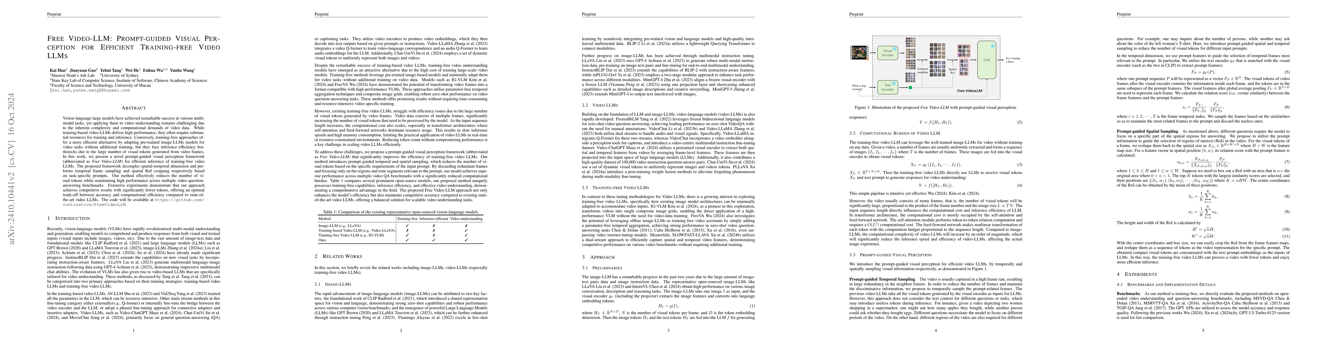 Thumbnail for Free Video-LLM: Prompt-guided Visual Perception for Efficient
  Training-free Video LLMs
