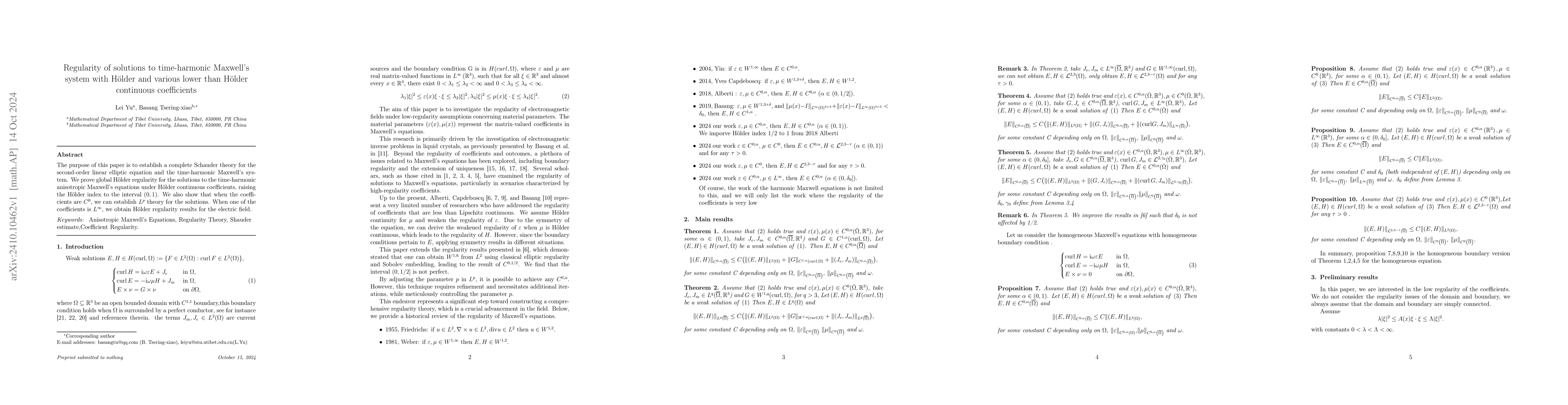 Thumbnail for Regularity of solutions to time-harmonic Maxwell's system with Hölder
  and various lower than Hölder continuous coefficients