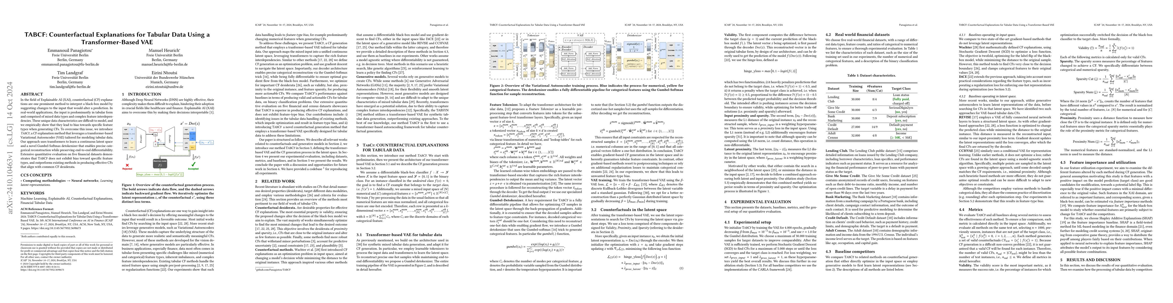 Thumbnail for TABCF: Counterfactual Explanations for Tabular Data Using a
  Transformer-Based VAE