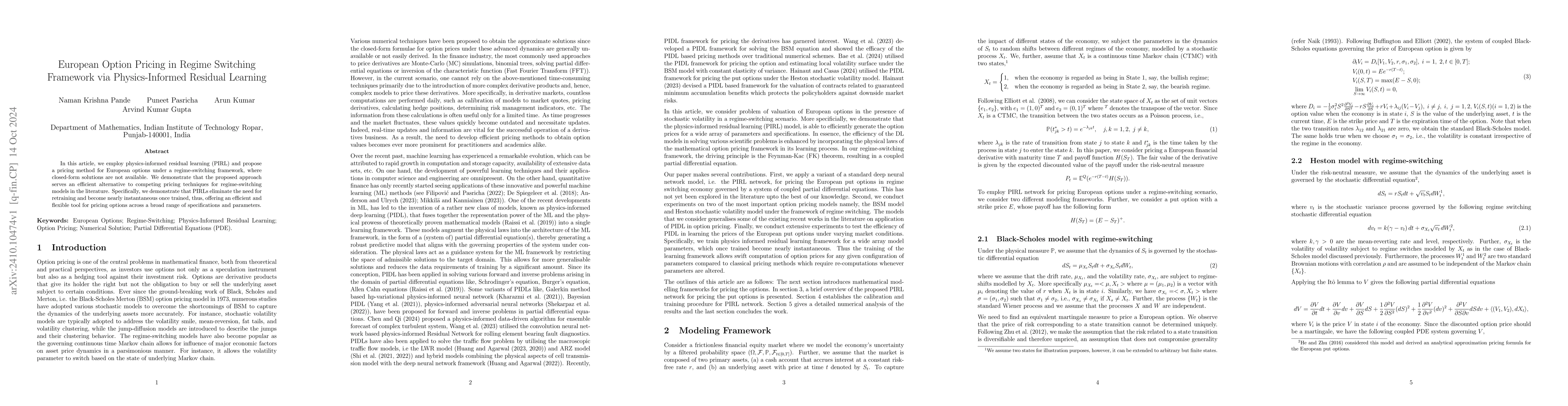 Thumbnail for European Option Pricing in Regime Switching Framework via
  Physics-Informed Residual Learning