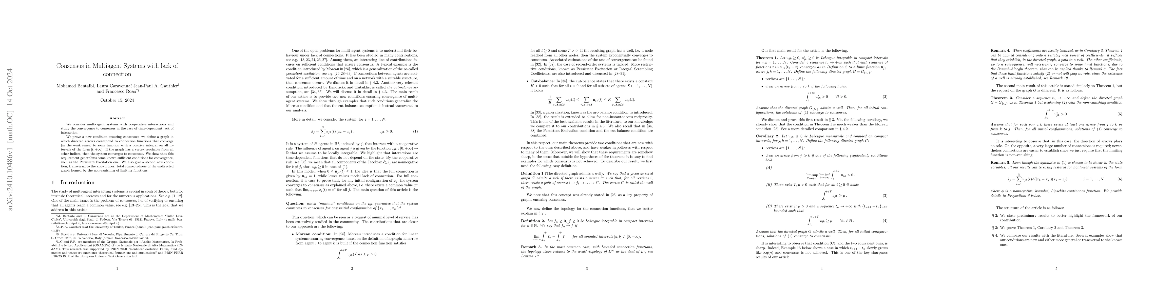 Thumbnail for Consensus in Multiagent Systems with lack of connection