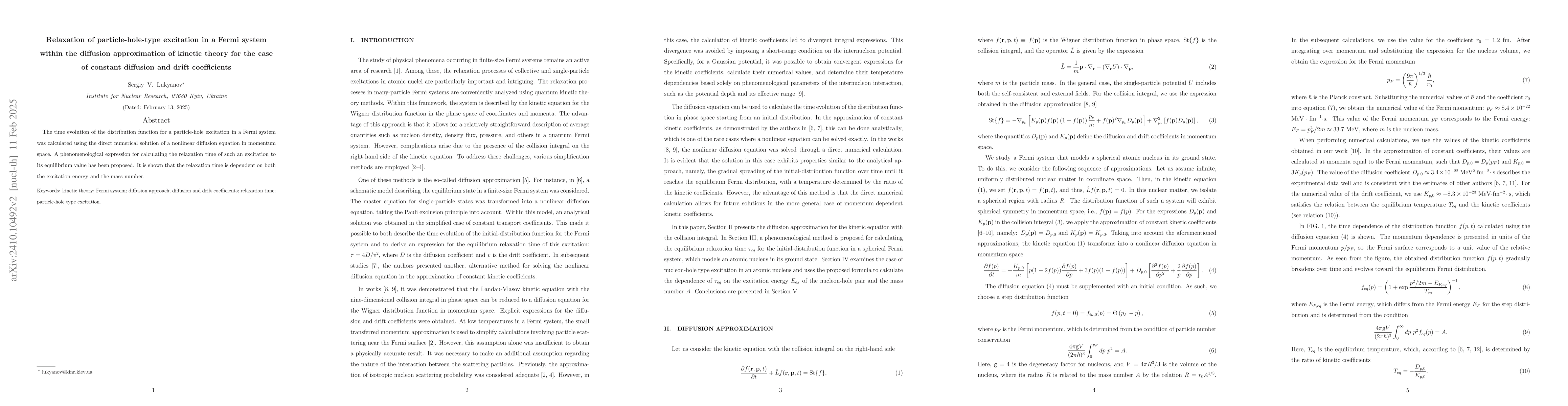Thumbnail for Relaxation of particle-hole type excitation in a Fermi system within the
  diffusion approximation of kinetic theory for the case of constant diffusion
  and drift coefficients