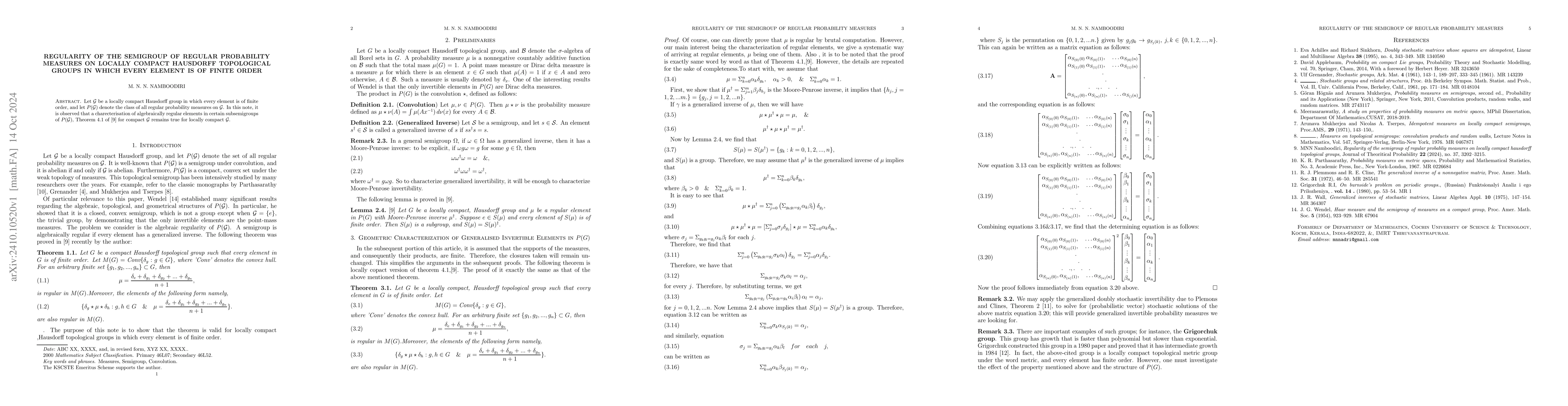 Thumbnail for Regularity of the Semigroup of Regular Probability Measures on Locally
  Compact Hausdorff Topological Groups in which every element is of finite
  order
