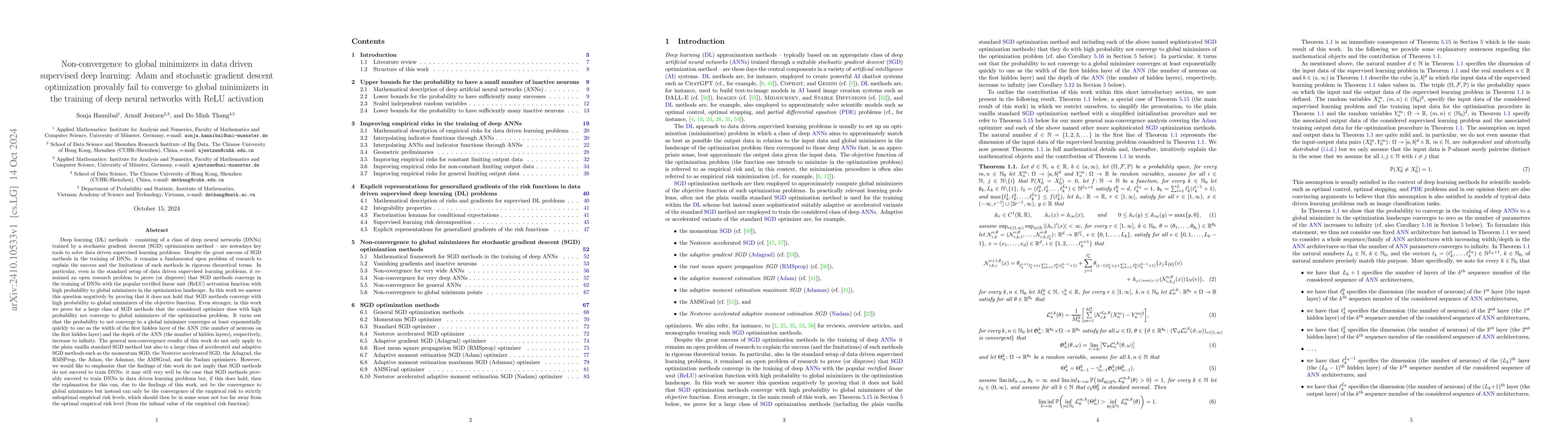 Thumbnail for Non-convergence to global minimizers in data driven supervised deep
  learning: Adam and stochastic gradient descent optimization provably fail to
  converge to global minimizers in the training of deep neural networks with
  ReLU activation