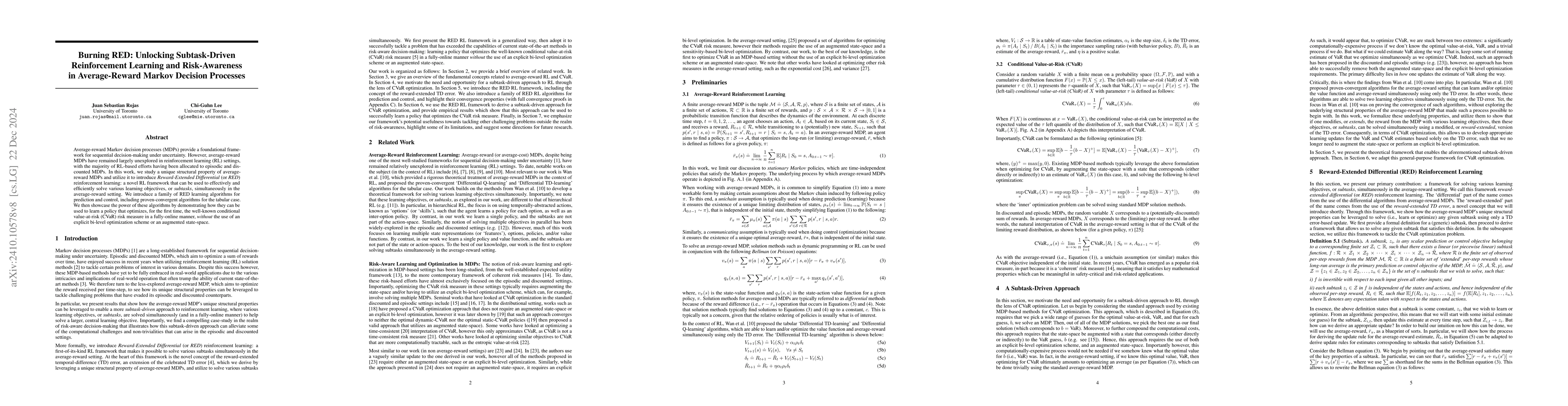 Thumbnail for Burning RED: Unlocking Subtask-Driven Reinforcement Learning and
  Risk-Awareness in Average-Reward Markov Decision Processes