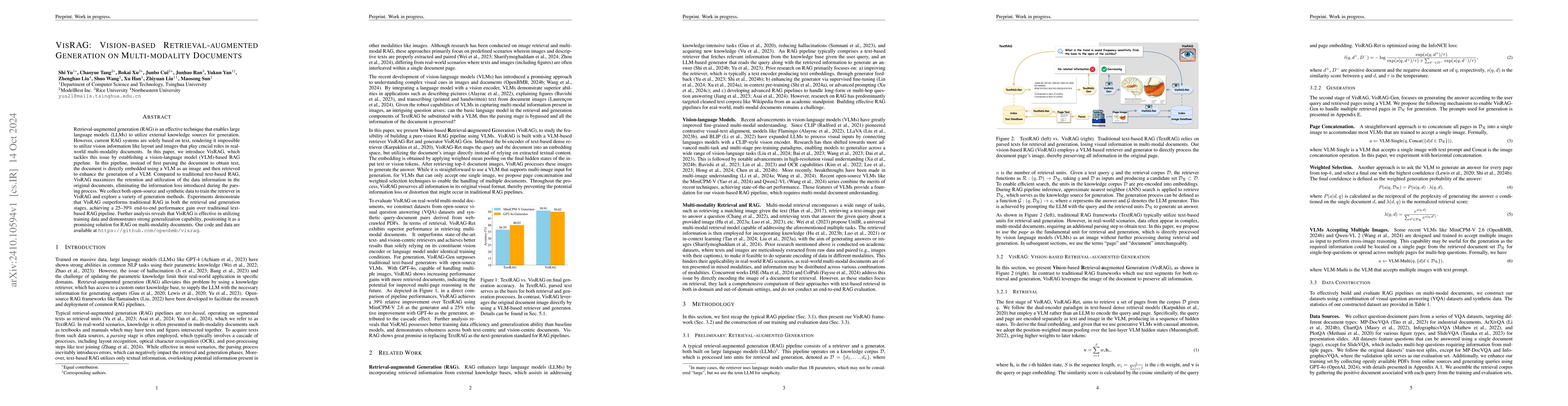 Thumbnail for VisRAG: Vision-based Retrieval-augmented Generation on Multi-modality
  Documents