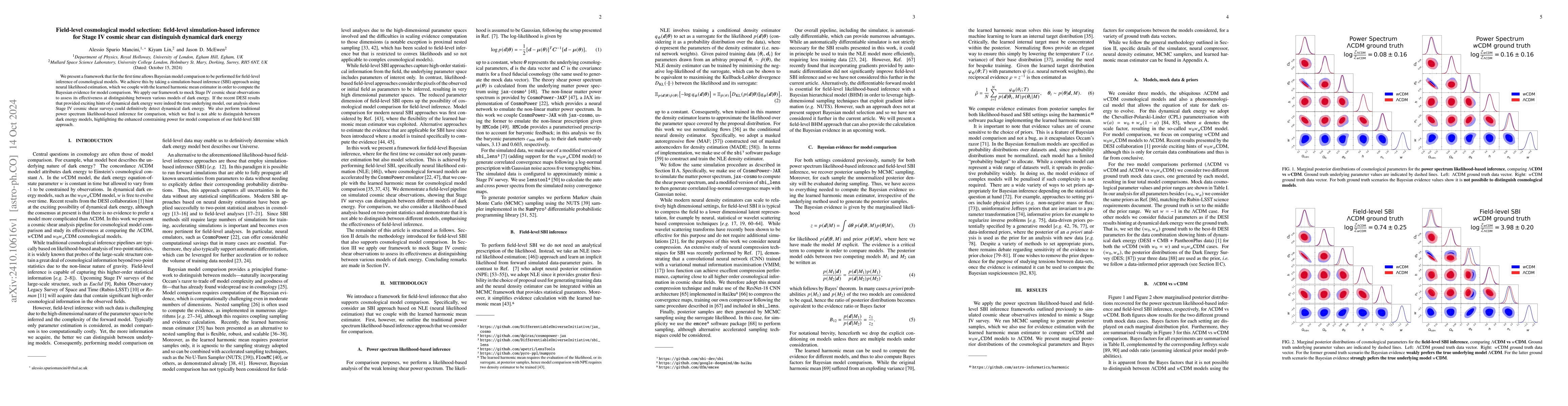 Thumbnail for Field-level cosmological model selection: field-level simulation-based
  inference for Stage IV cosmic shear can distinguish dynamical dark energy