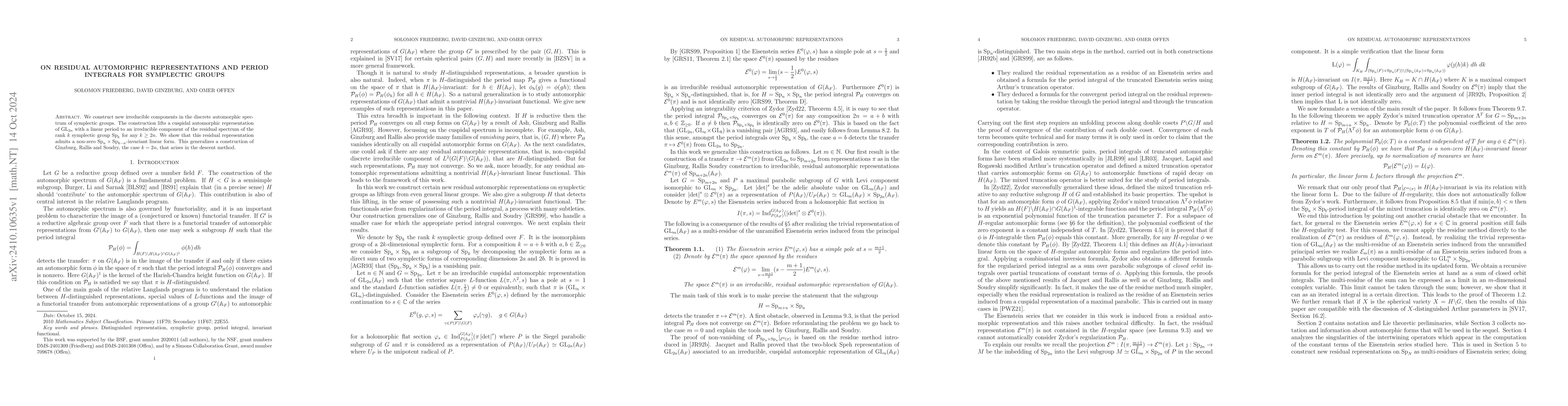 Thumbnail for On residual automorphic representations and period integrals for
  symplectic groups