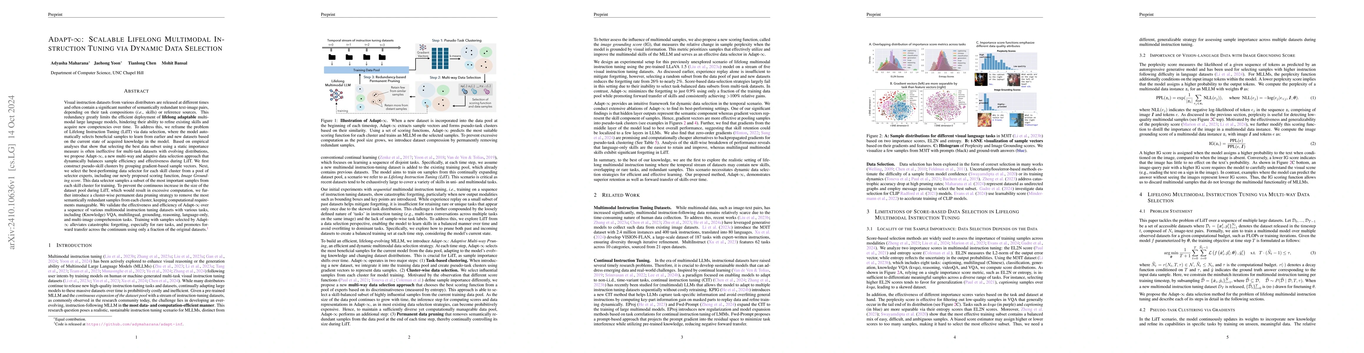 Thumbnail for Adapt-$\infty$: Scalable Lifelong Multimodal Instruction Tuning via
  Dynamic Data Selection