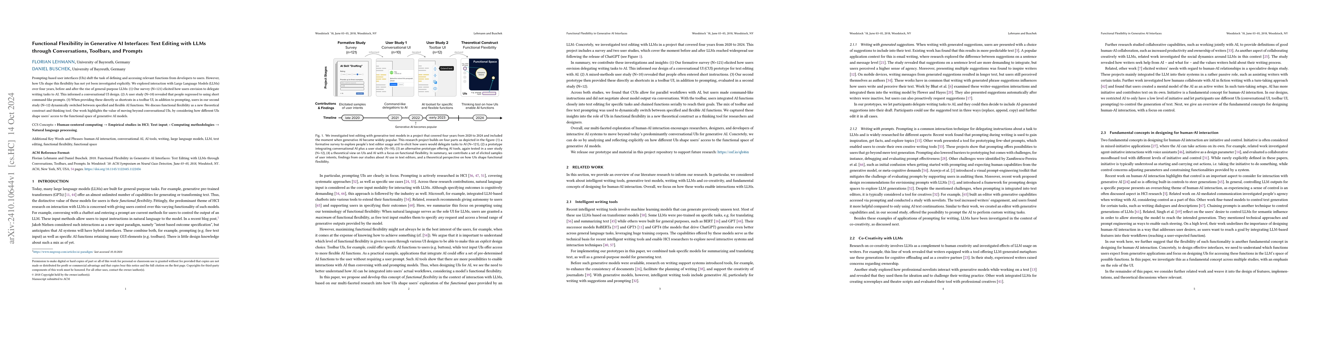 Thumbnail for Functional Flexibility in Generative AI Interfaces: Text Editing with
  LLMs through Conversations, Toolbars, and Prompts