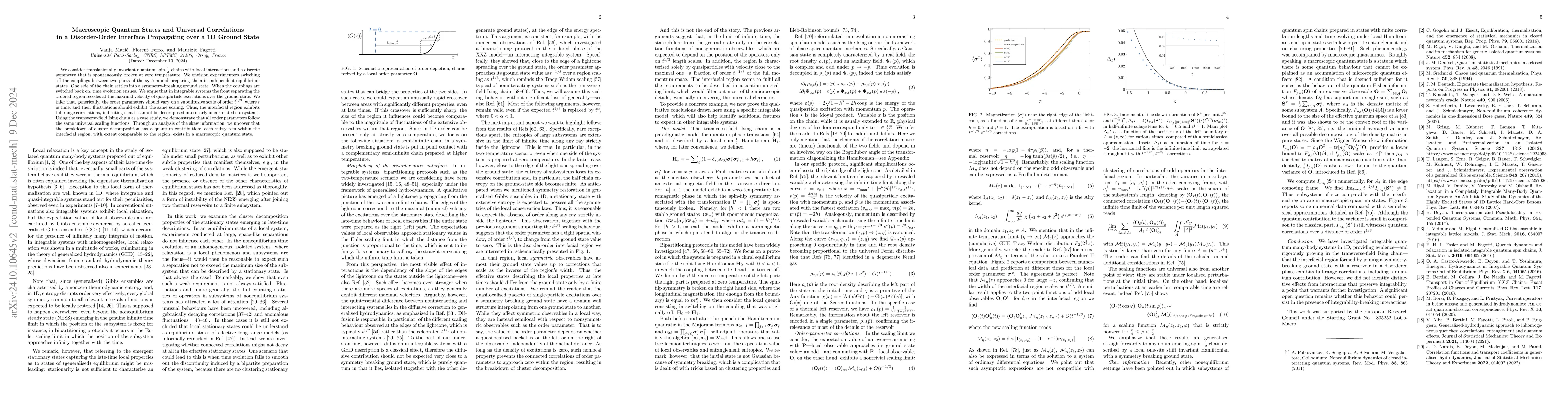 Thumbnail for Macroscopic Quantum States and Universal Correlations in a
  Disorder-Order Interface Propagating over a 1D Ground State