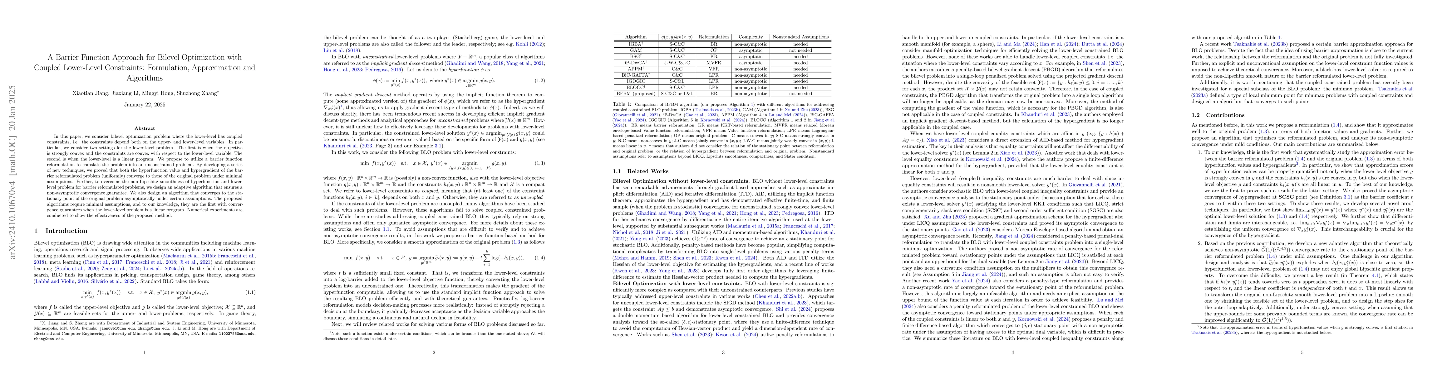 Thumbnail for Barrier Function for Bilevel Optimization with Coupled Lower-Level
  Constraints: Formulation, Approximation and Algorithms