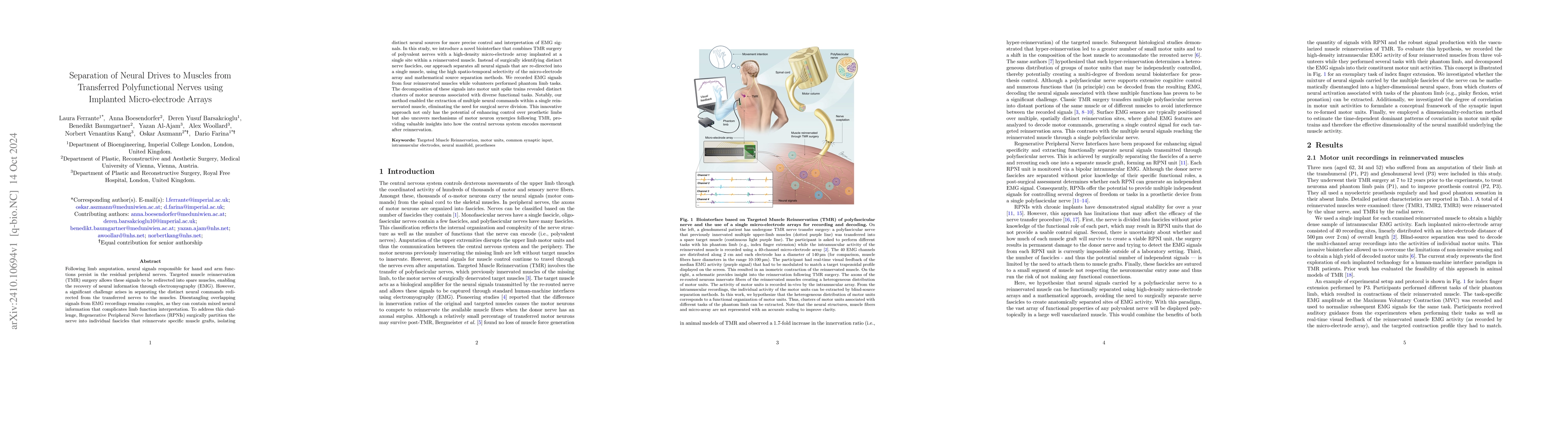 Thumbnail for Separation of Neural Drives to Muscles from Transferred Polyfunctional
  Nerves using Implanted Micro-electrode Arrays