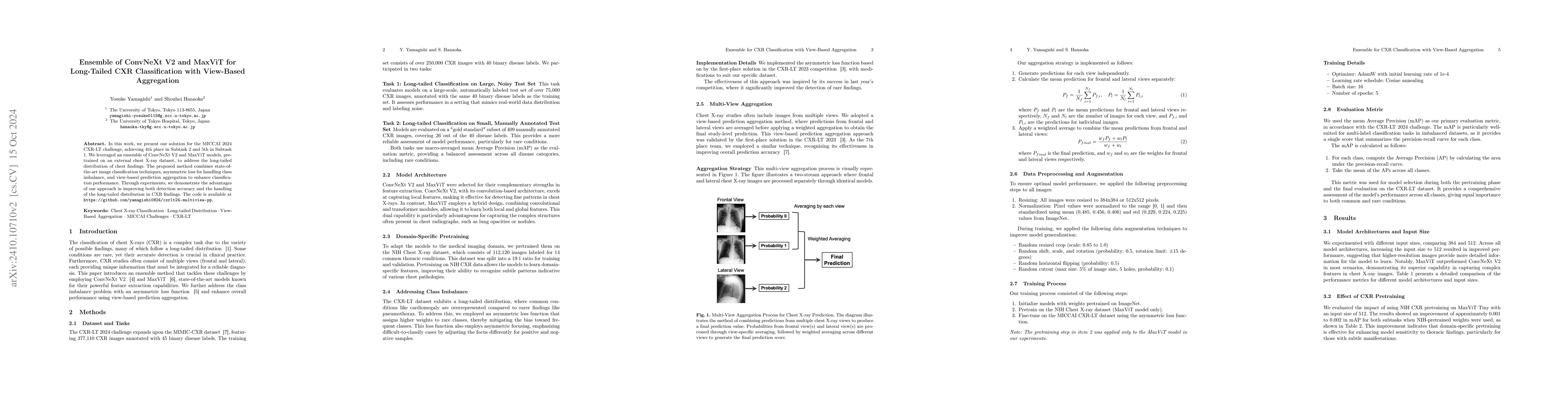 Thumbnail for Ensemble of ConvNeXt V2 and MaxViT for Long-Tailed CXR Classification
  with View-Based Aggregation