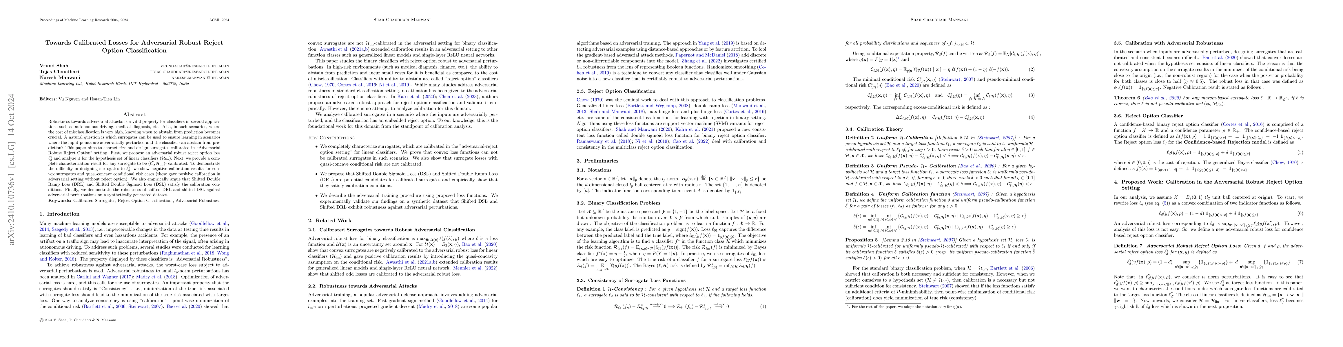 Thumbnail for Towards Calibrated Losses for Adversarial Robust Reject Option
  Classification