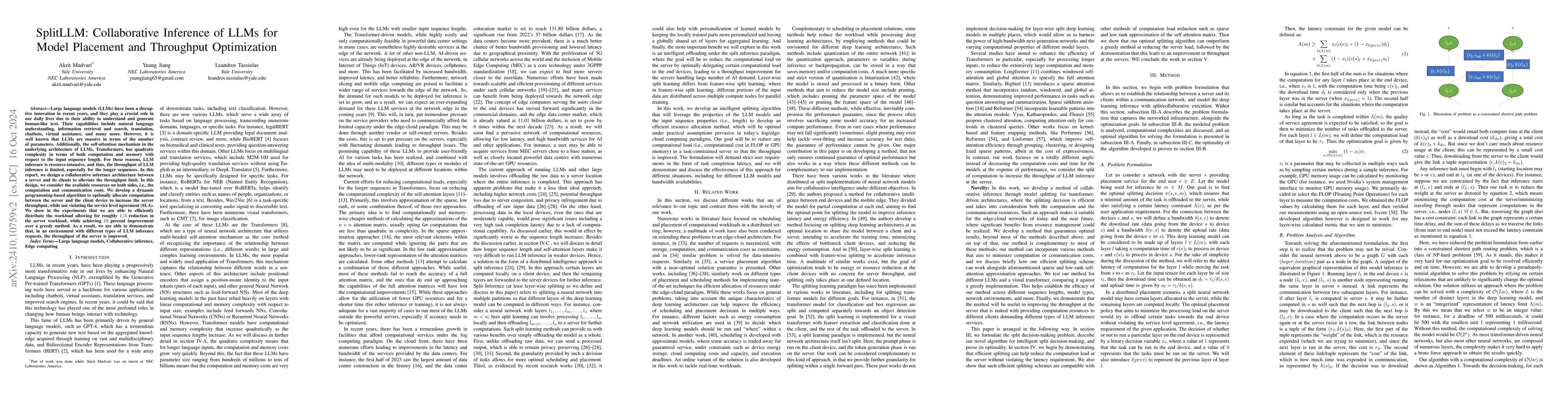 Thumbnail for SplitLLM: Collaborative Inference of LLMs for Model Placement and
  Throughput Optimization