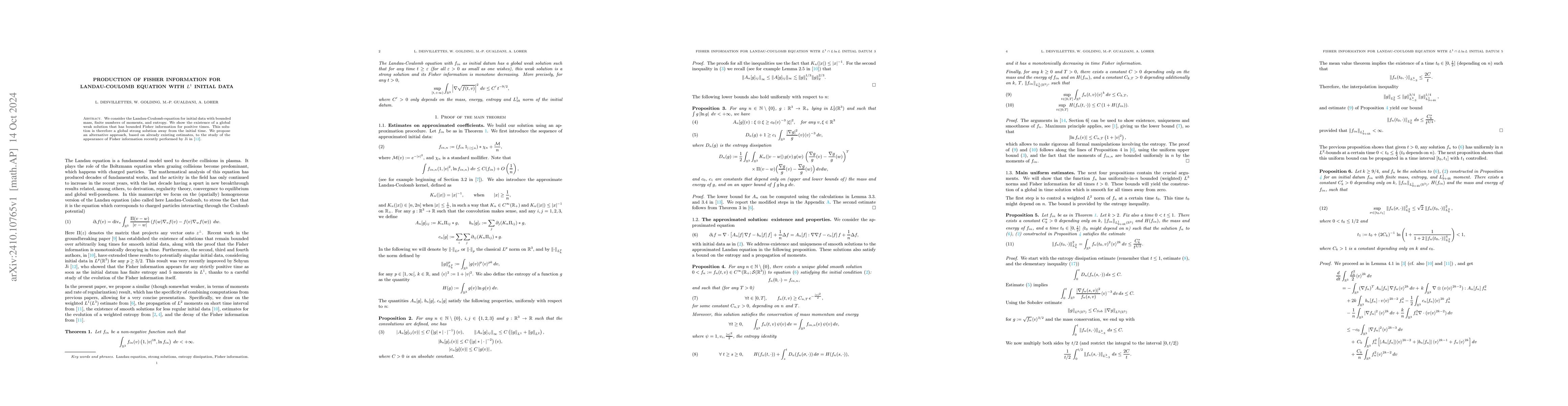 Thumbnail for Production of the Fisher information for the Landau-Coulomb equation
  with L1 initial data
