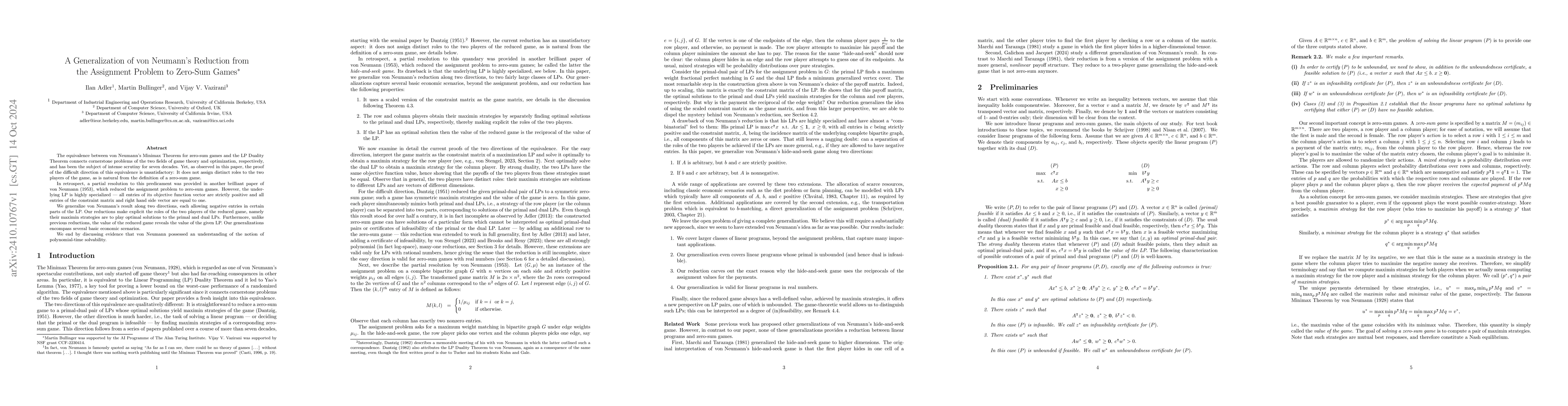 Thumbnail for A Generalization of von Neumann's Reduction from the Assignment Problem
  to Zero-Sum Games