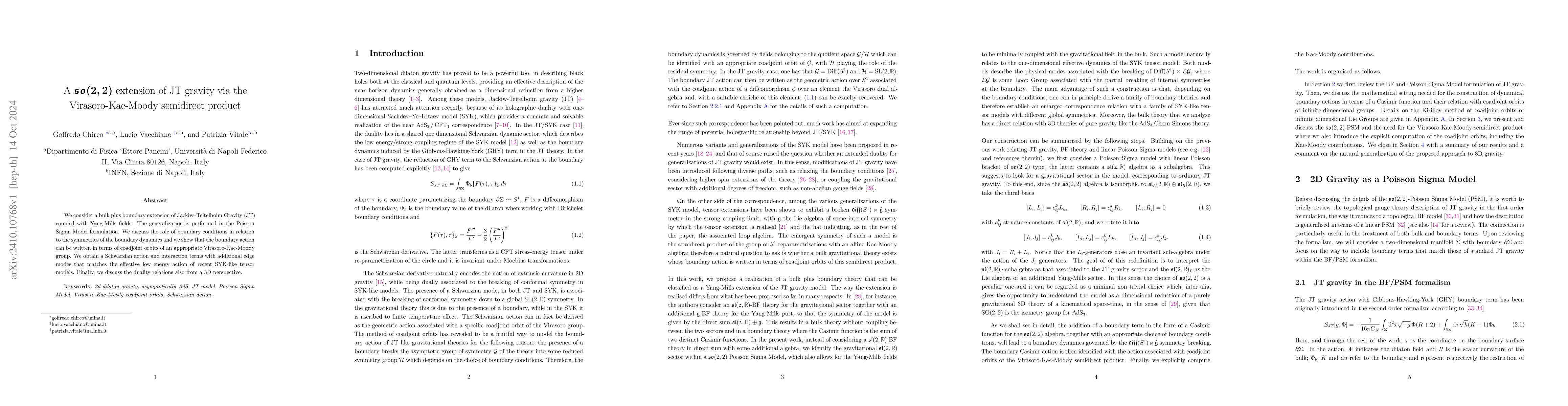 Thumbnail for A so(2,2) extension of JT gravity via the Virasoro-Kac-Moody semidirect
  product