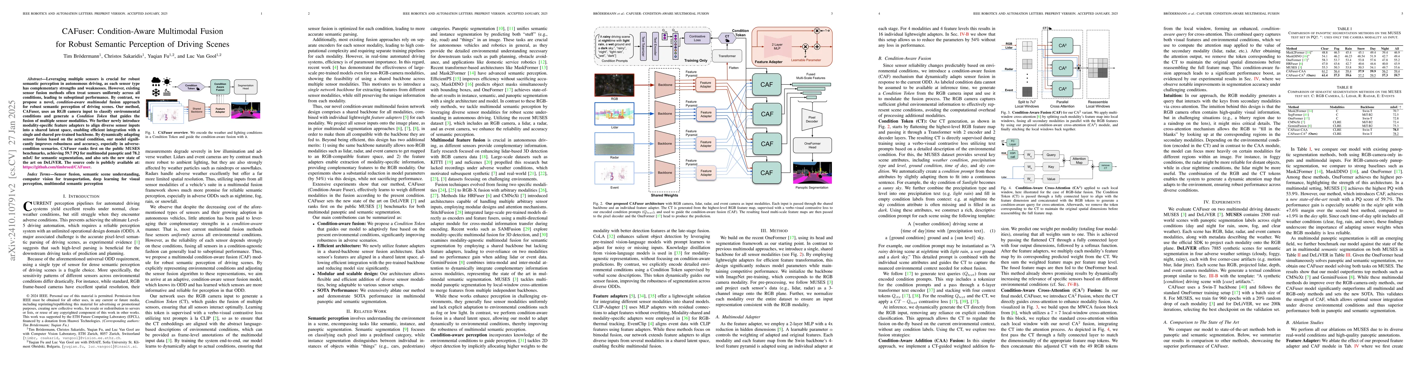 Thumbnail for Condition-Aware Multimodal Fusion for Robust Semantic Perception of
  Driving Scenes