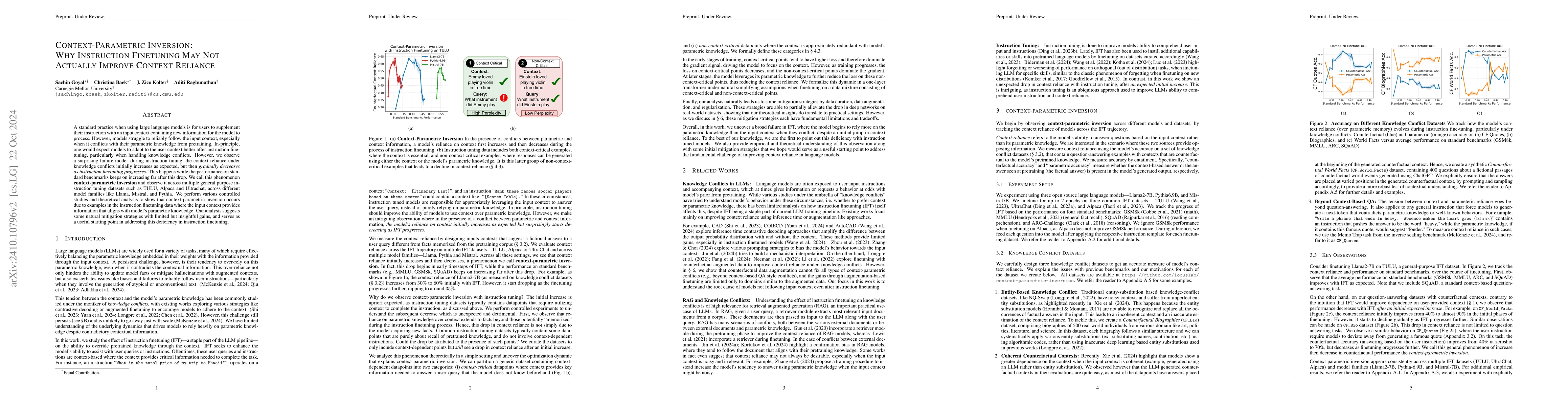 Thumbnail for Context-Parametric Inversion: Why Instruction Finetuning May Not
  Actually Improve Context Reliance