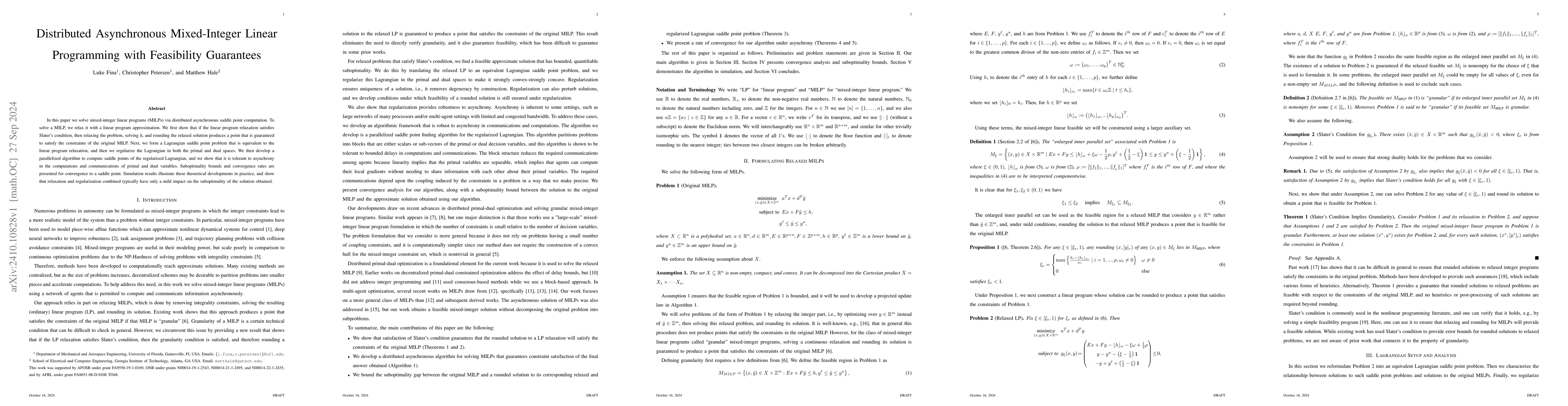 Thumbnail for Distributed Asynchronous Mixed-Integer Linear Programming with
  Feasibility Guarantees