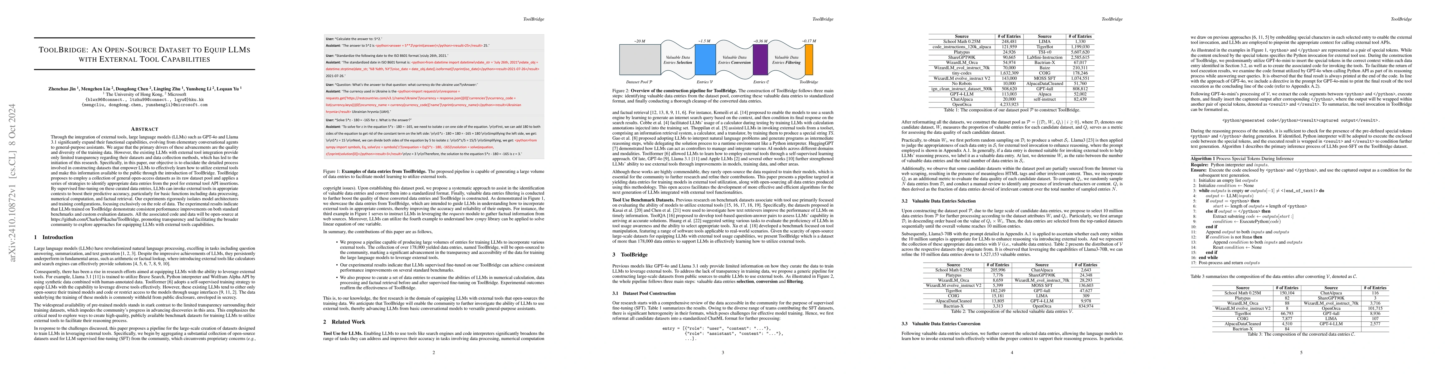 Thumbnail for ToolBridge: An Open-Source Dataset to Equip LLMs with External Tool
  Capabilities