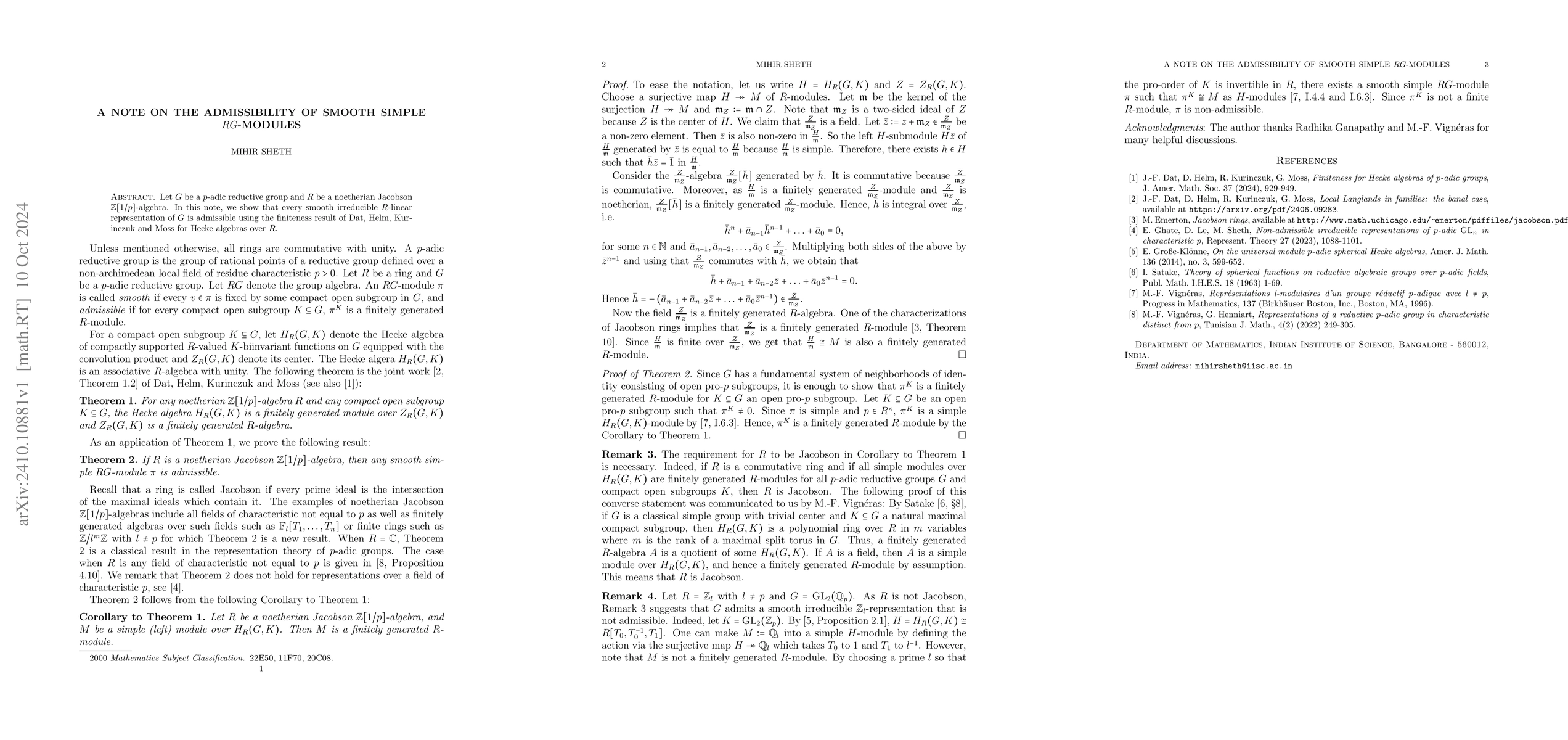 Thumbnail for A note on the admissibility of smooth simple $RG$-modules