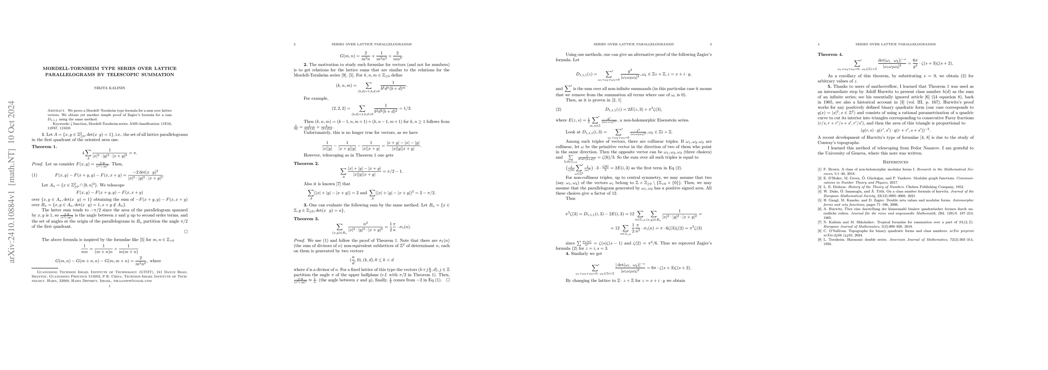 Thumbnail for Mordell-Tornheim type series over lattice parallelograms by telescopic
  summation
