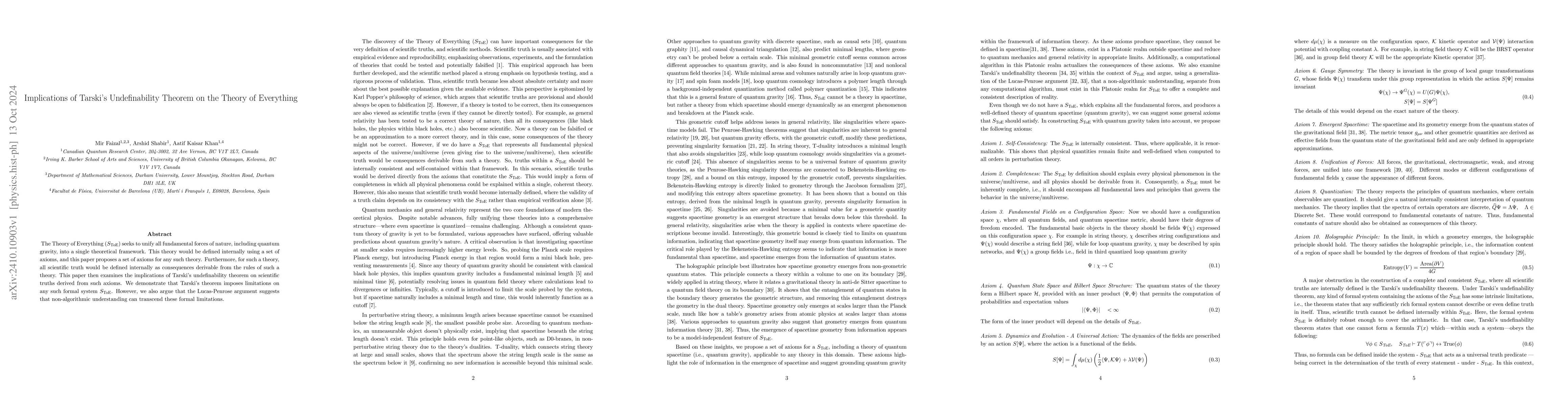 Thumbnail for Implications of Tarski's Undefinability Theorem on the Theory of
  Everything