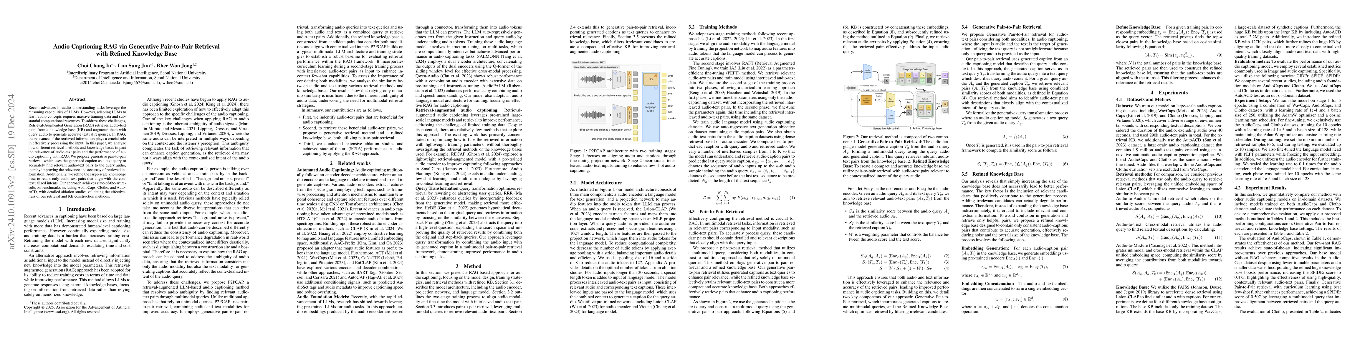 Thumbnail for Audio Captioning via Generative Pair-to-Pair Retrieval with Refined
  Knowledge Base