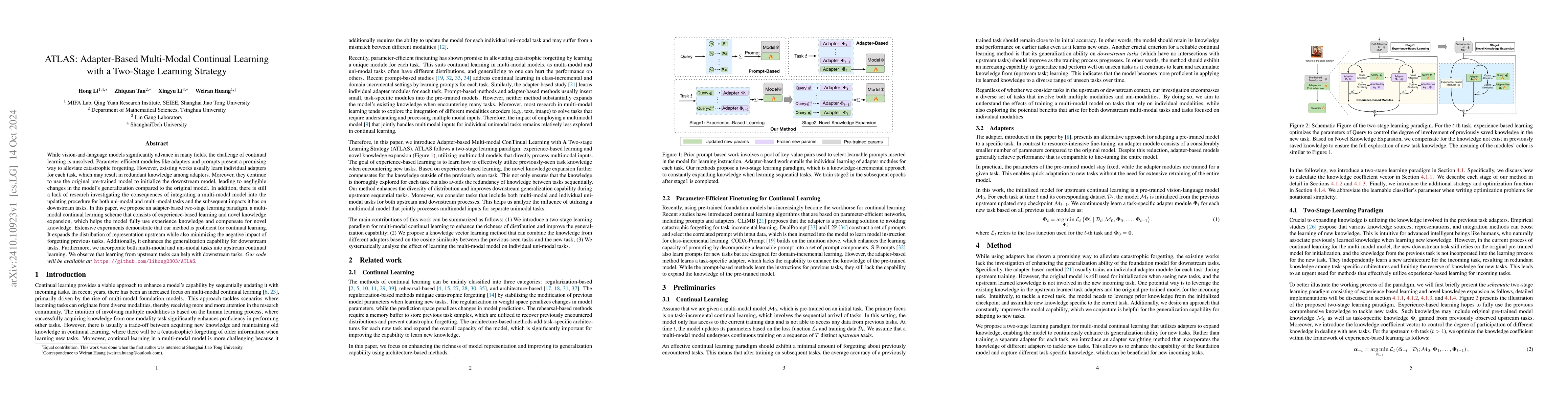 Thumbnail for ATLAS: Adapter-Based Multi-Modal Continual Learning with a Two-Stage
  Learning Strategy