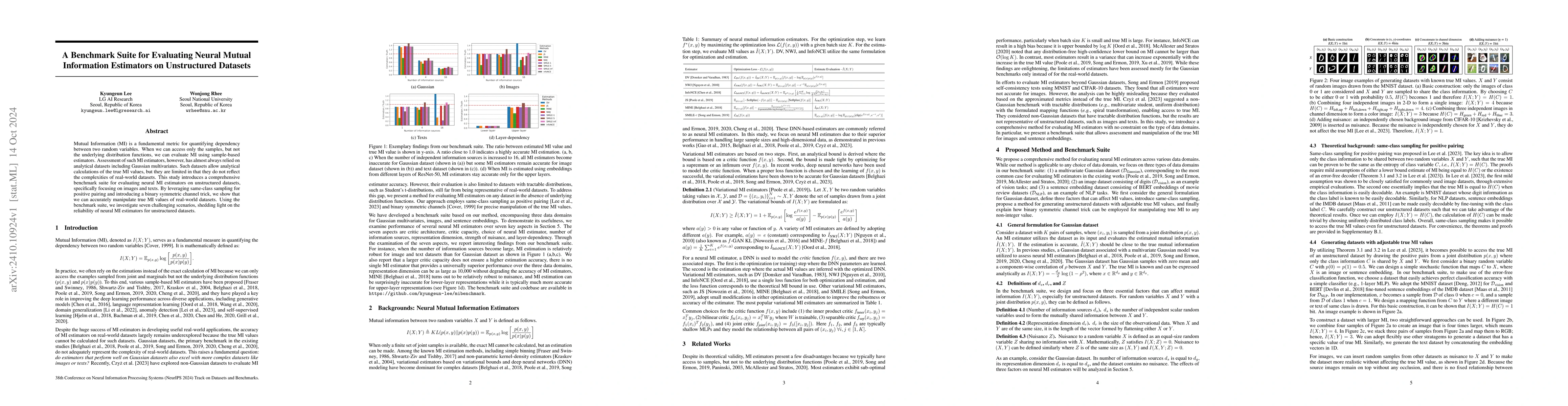 Thumbnail for A Benchmark Suite for Evaluating Neural Mutual Information Estimators on
  Unstructured Datasets