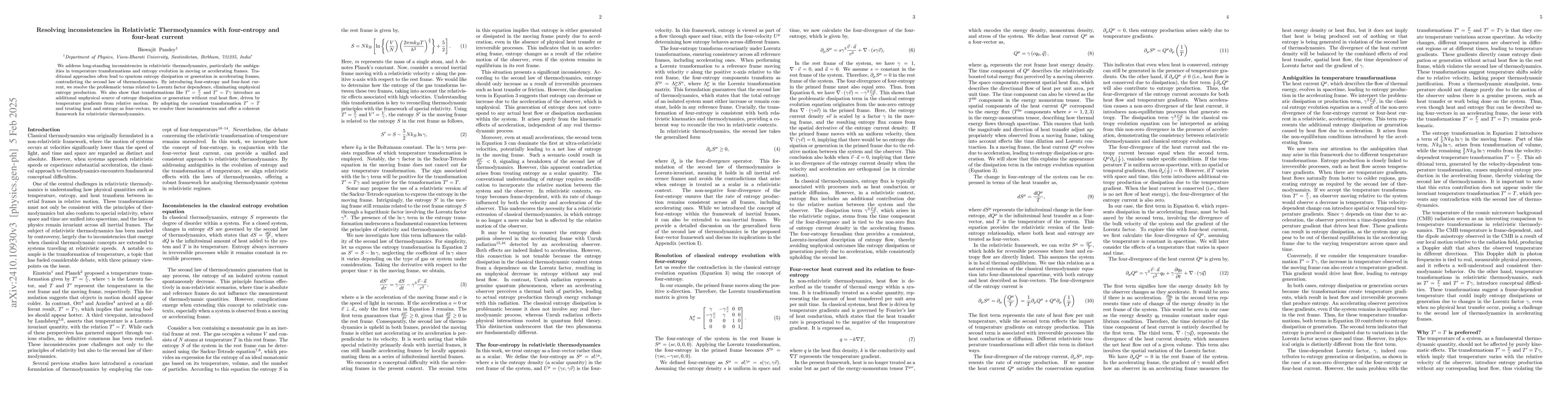 Thumbnail for Resolving inconsistencies in Relativistic Thermodynamics with
  four-entropy and four-heat current